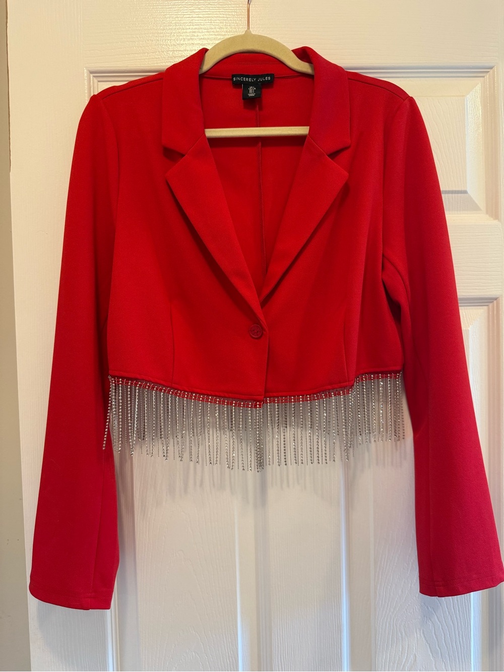 Sincerly Jules Red Cropped Blazer with Rhinestone Fringe